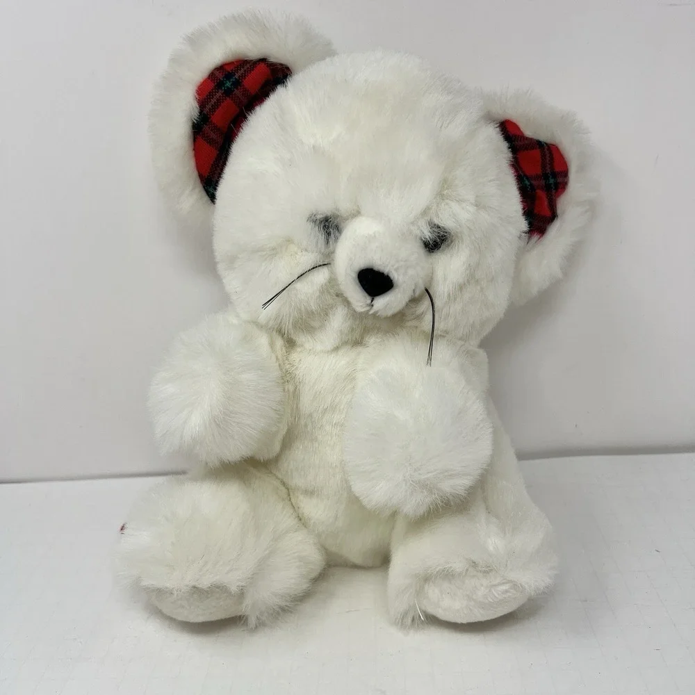 1991 White Mouse Plush 10 Inch Stuffed Animal Plaid Ears‎ World of Smile